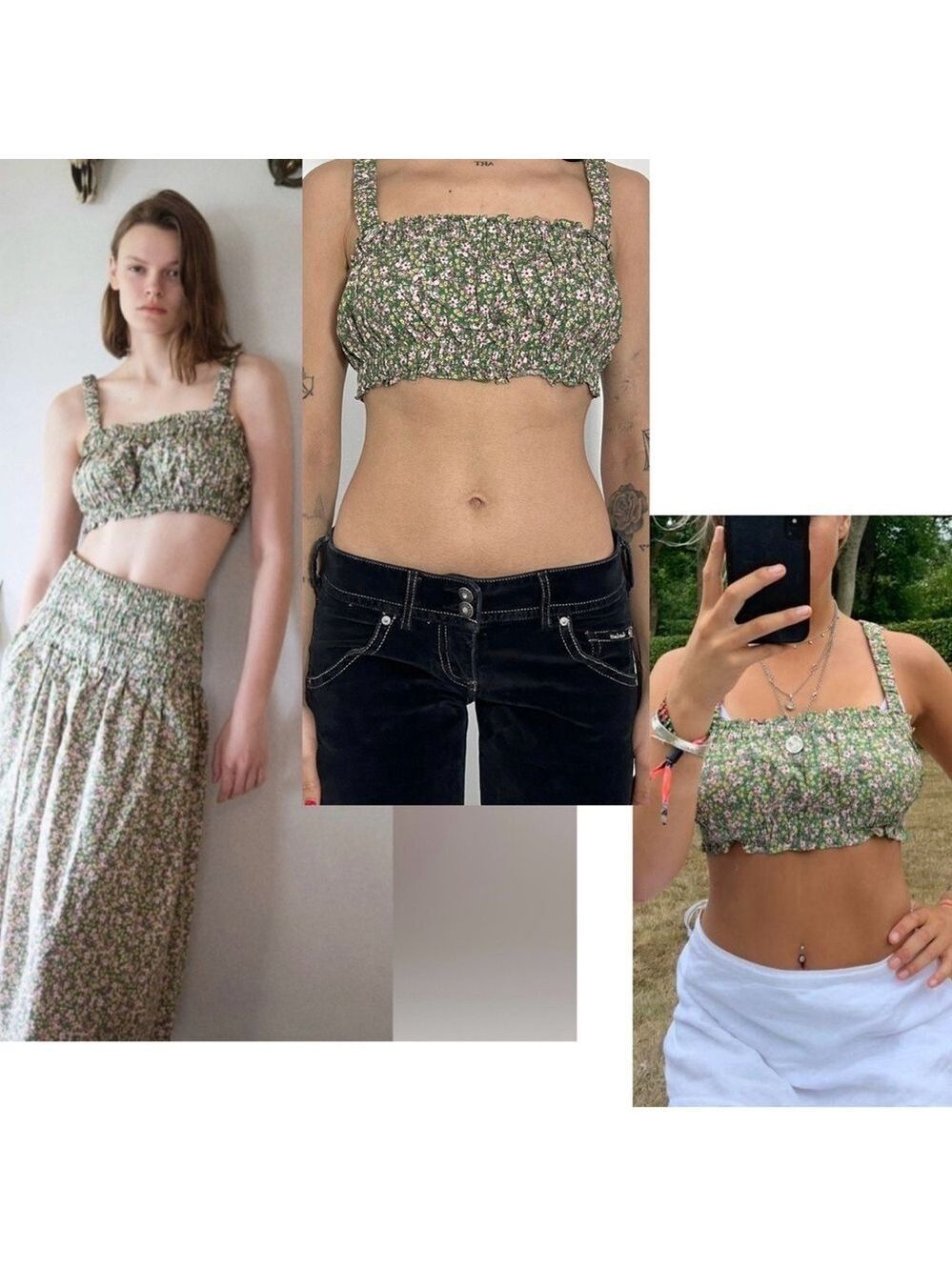 Zara green floral flower print boho smocked crop top prairie bohemian Sz S NWOT